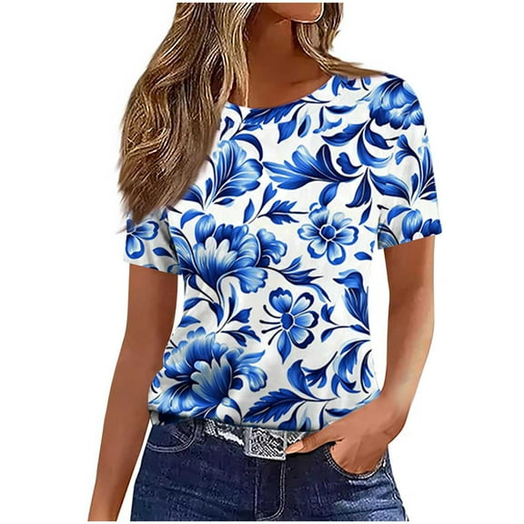 Uaswgudfs Trendy Casual Women Blouses Summer Tops Short Sleeve Stylish Botanical Leaf Motif T-Shirt | Breathable Everyday Summer Top