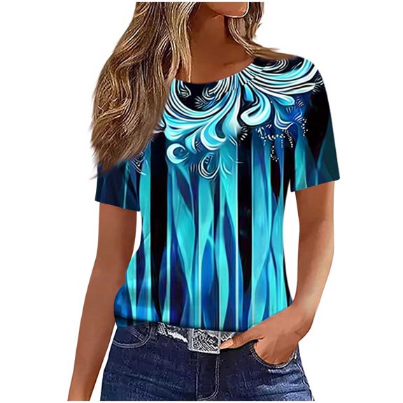 Uaswgudfs Trendy Casual Women Blouses Summer Tops Short Sleeve Stylish Botanical Leaf Motif T-Shirt | Breathable Everyday Summer Top