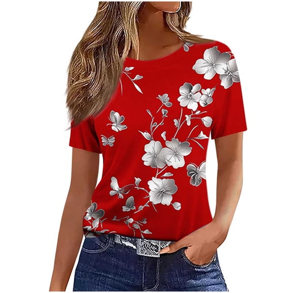 Uaswgudfs Trendy Casual Women Blouses Summer Tops Short Sleeve Stylish Botanical Leaf Motif T-Shirt | Breathable Everyday Summer Top
