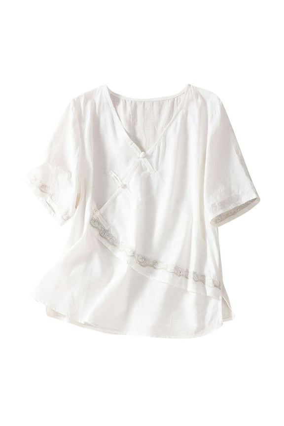 Trendy Summer Tops: Asymmetrical V-Neck Women Blouse with Crossover Buttons & Embroidered Casual Chic Accents