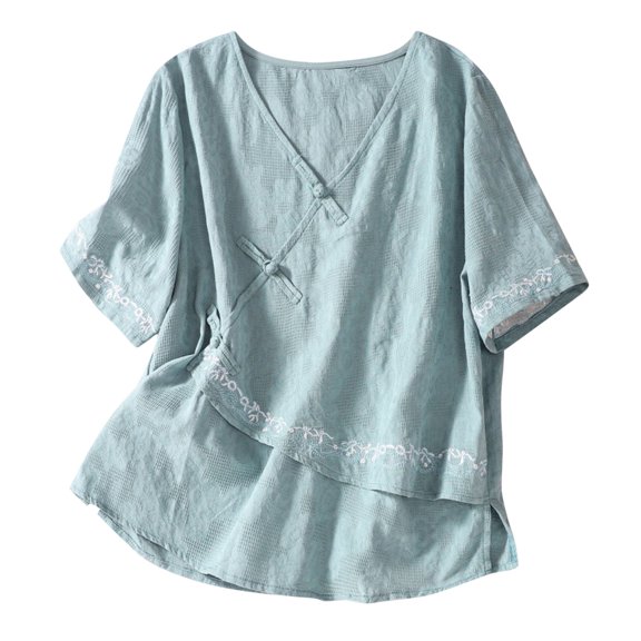 Uaswgudfs ​Trendy Summer Tops: Asymmetrical V-Neck Women Blouse with Crossover Buttons & Embroidered Casual Chic Accents
