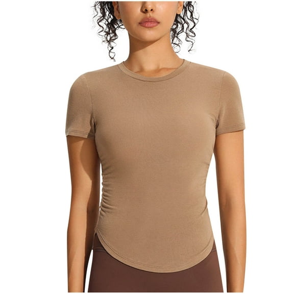 Uaswgudfs Trendy Summer Tops: Fitted Round Neck Women Blouses with Subtle Side Gathers & Casual Short Sleeve Stretch Fit