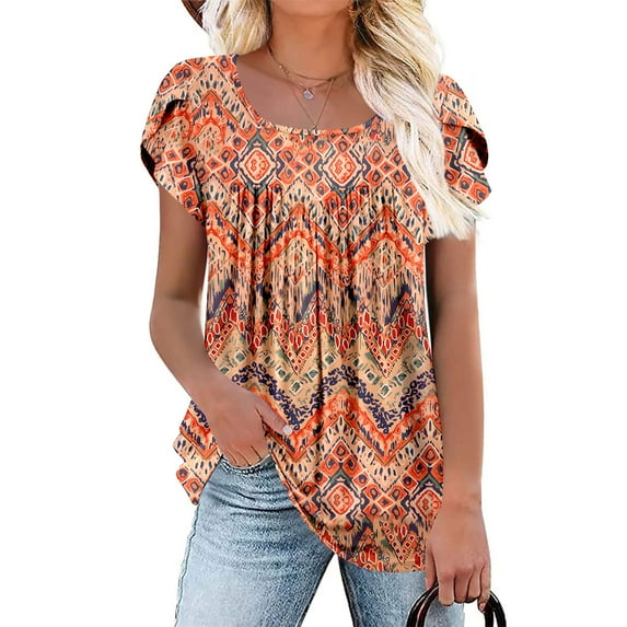 Uaswgudfs Trendy Women Blouses Summer Tops Casual Short Sleeve Geometric Pattern Blouse with Asymmetric Hem, Relaxed Fit, Breathable for Spring/Summer Wear