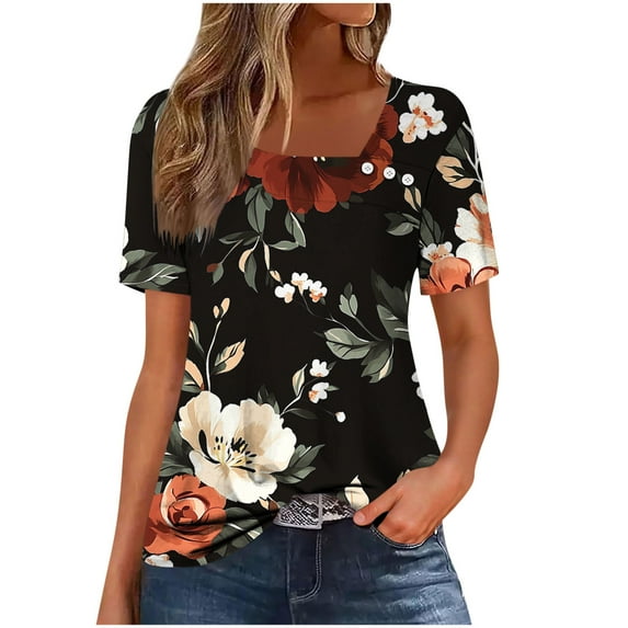 Uaswgudfs Trendy Women Blouses Summer Tops Casual Short Sleeve Square Neck Button-Front Blouse w/ Vertical Seams - Lightweight Cotton Blend Breathable
