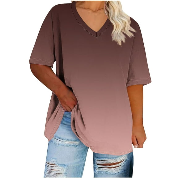 Uaswgudfs ​Trendy Women's Plus-Size Asymmetric Hem Short Sleeve Blouse​ - Breathable V-Neck Design & Casual Summer Tops