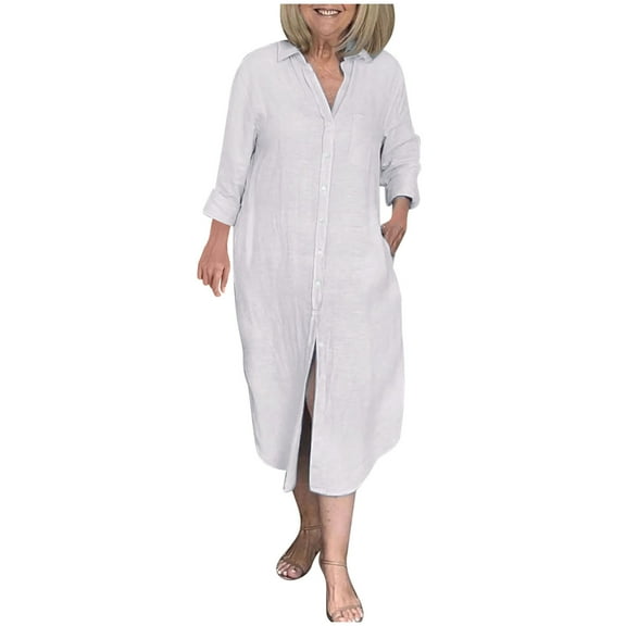 Uaswgudfs V-Neck 3/4 Sleeve Flowy Midi Dress for Women - Summer Casual Dress with Button Accents, Lightweight Fabric for Beach & Daily Outings White L