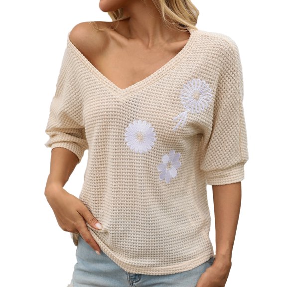 Uaswgudfs V-Neck Knit Women's Blouse: Floral Embroidery & Casual Short Sleeve for Trendy Summer Daily WearKhakiL