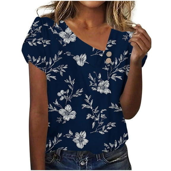 Uaswgudfs ​V-Neck Leaf Print Short Sleeve Blouse: Lightweight & Relaxed Fit for Women's Spring/Summer Casual TopsNavy2XL