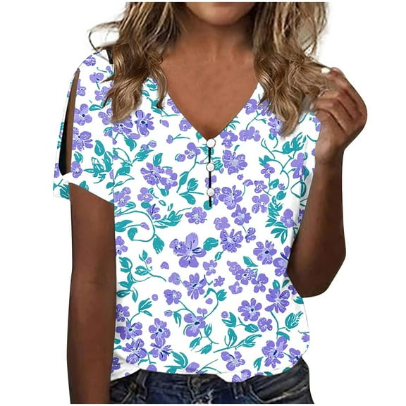 Uaswgudfs ​V-Neck Leaf Print Short Sleeve Blouse: Lightweight & Relaxed Fit for Women's Spring/Summer Casual TopsPurple2XL