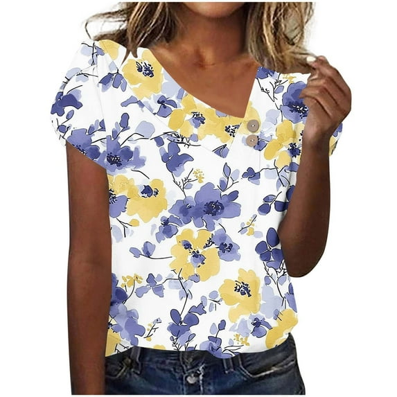 Uaswgudfs V-Neck Leaf Print Short Sleeve Blouse: Lightweight & Relaxed Fit for Women's Spring/Summer Casual TopsYellowXL