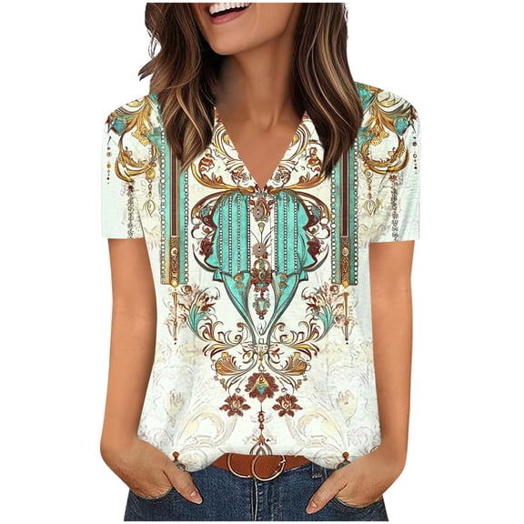 Uaswgudfs V-Neck Short Sleeve Women's Blouse: Floral Abstract Pattern & Breathable Fabric for Trendy Summer TopsBlueS