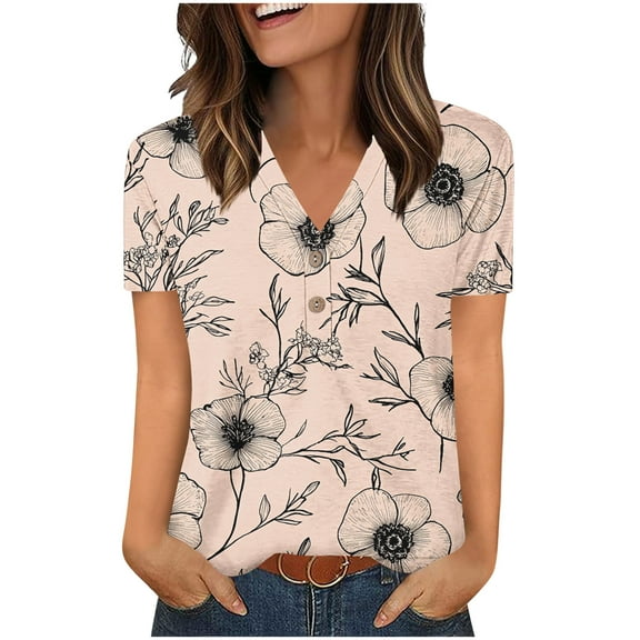 Uaswgudfs ​V-Neck Short Sleeve Women's Blouse: Floral Abstract Pattern & Breathable Fabric for Trendy Summer TopsKhakiL