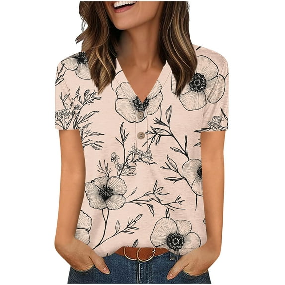 Uaswgudfs V-Neck Short Sleeve Women's Blouse: Floral Abstract Pattern & Breathable Fabric for Trendy Summer TopsKhakiL