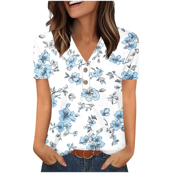 Uaswgudfs ​V-Neck Short Sleeve Women's Blouse: Floral Abstract Pattern & Breathable Fabric for Trendy Summer TopsLight BlueL