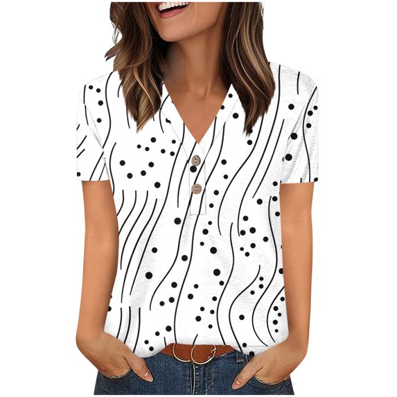 Uaswgudfs V-Neck Short Sleeve Women's Blouse: Floral Abstract Pattern & Breathable Fabric for Trendy Summer TopsWhiteM