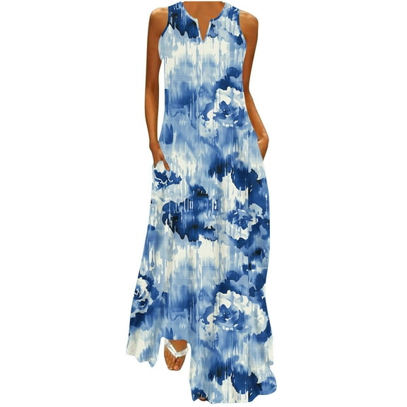 Uaswgudfs ​V-Neck Sleeveless Floral Sundress with Side Split & Minimalist Detail - Casual Summer Dresses for Women 2025 Midi Dress​ Blue 2XL