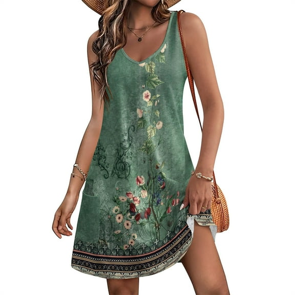 Uaswgudfs V-Neck Sleeveless Floral Sundress with Side Split & Minimalist Detail - Casual Summer Dresses for Women 2025 Midi Dress Green-A S