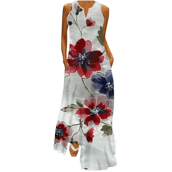 Uaswgudfs ​V-Neck Sleeveless Floral Sundress with Side Split & Minimalist Detail - Casual Summer Dresses for Women 2025 Midi Dress​ White-A S