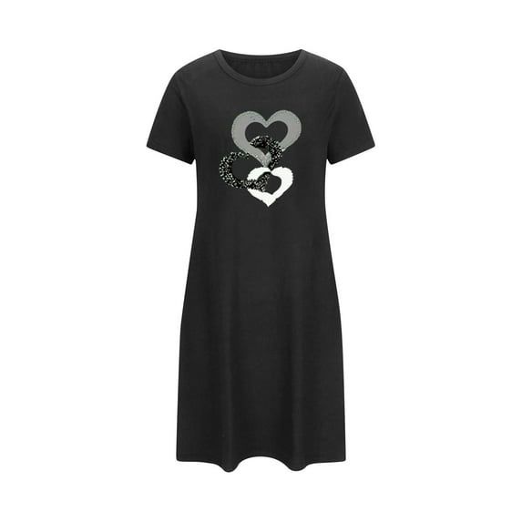 Uaswgudfs Valentine's Day Pajamas Women Plus Size Short Pajama Dress Heart Print Sleepwear Women's Black L