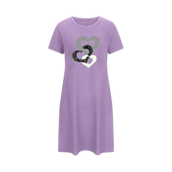 Uaswgudfs Valentine's Day Pajamas Women Plus Size Short Pajama Dress Heart Print Sleepwear Women's Purple XL