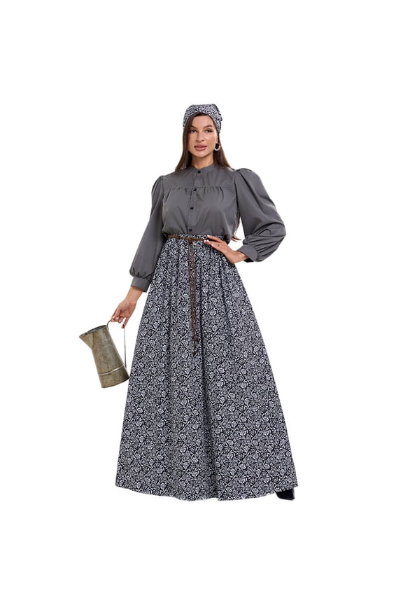 Vintage-Inspired Long Sleeve Midi Dress for Women - Summer Flowy Dress with Puff Sleeves, Button-Front & Adjustable Tie Waist for Formal & Casual Navy L