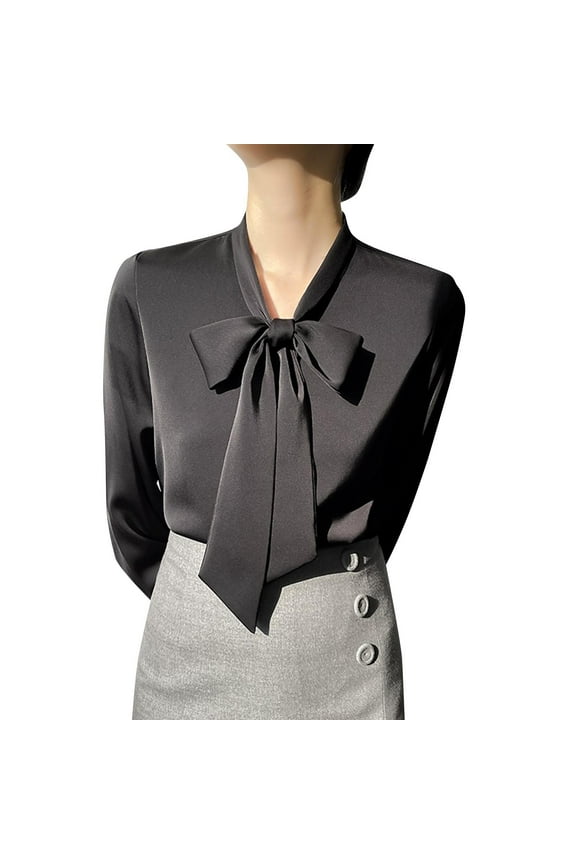 Women Blouses Casual Long Sleeve Bow Neckline Top Tailored Fit Stretch Fabric Comfort Elegance Chic Casual Chic Style Black L