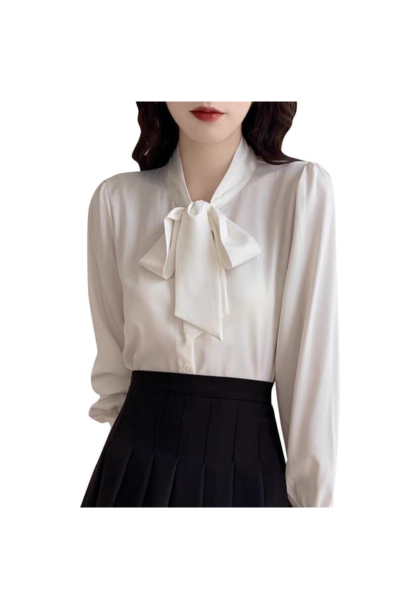 Women Blouses Casual Long Sleeve Bow Neckline Top Tailored Fit Stretch Fabric Comfort Elegance Chic Casual Chic Style White M