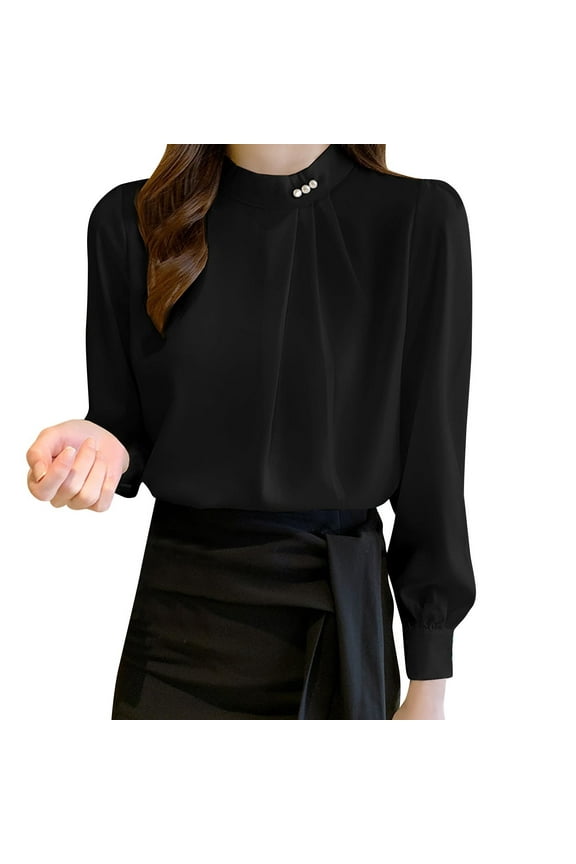 Women Blouses Dressy Pleated Front Ruched 3/4 Sleeve Chiffon Shirt for Work Office Party Blouse Top Black XL