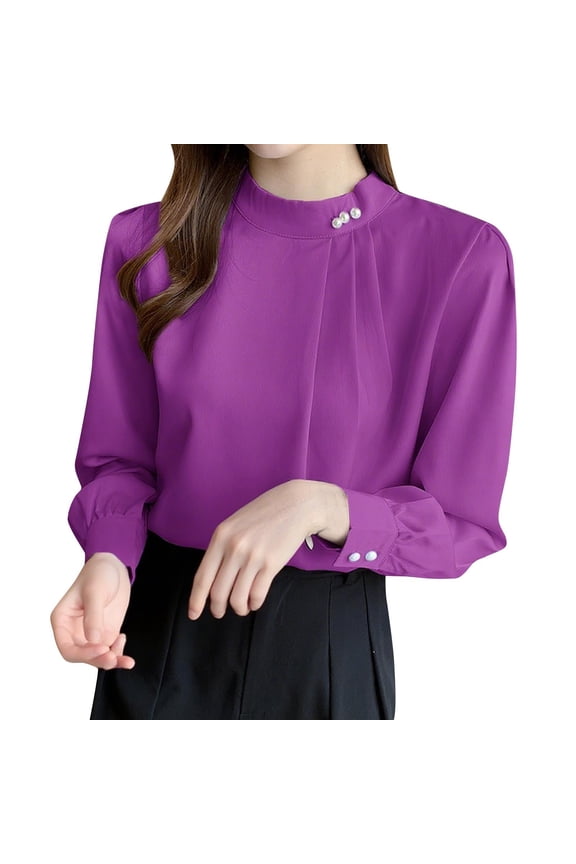 Women Blouses Dressy Pleated Front Ruched 3/4 Sleeve Chiffon Shirt for Work Office Party Blouse Top Purple S