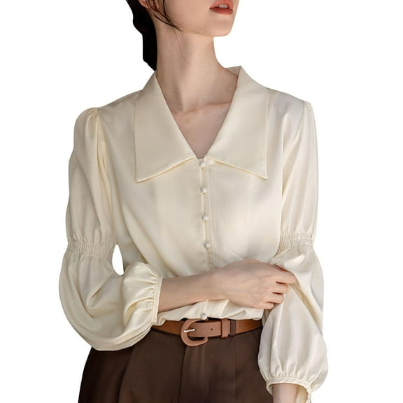Uaswgudfs Women Blouses Long Sleeve Casual Shirt Large Statement Lapel Collar Puffed Balloon Sleeves Gathered Cuffs for Work or Casual Beige L