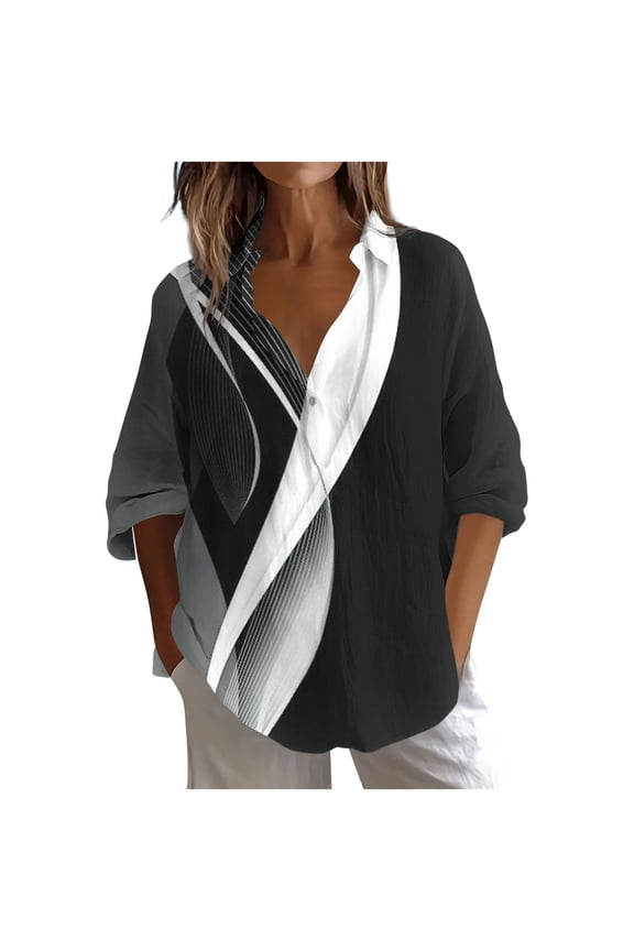 Women Blouses Long Sleeve Casual Top with Round Neck, Elastic Cuffs, Printed Design, Relaxed Fit for Comfortable Everyday Wear and Fashion