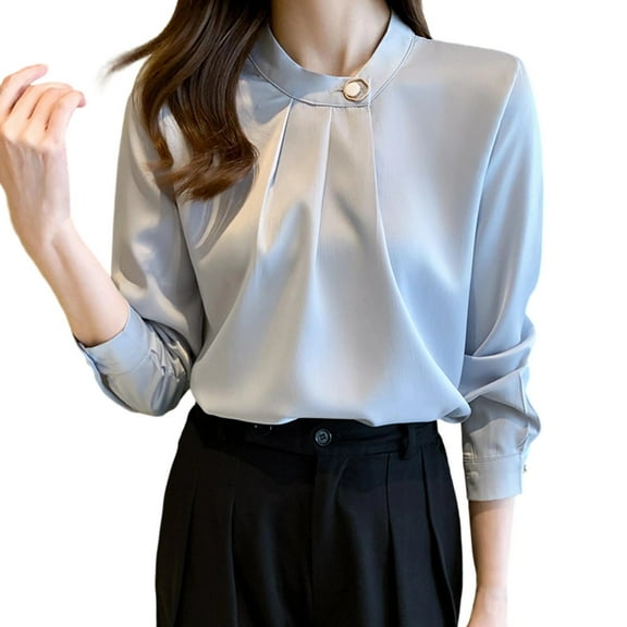 Uaswgudfs Women Blouses Long Sleeve Mock Neck Casual Satin Shirt for Business Office Work Professional Blouse Gray XL