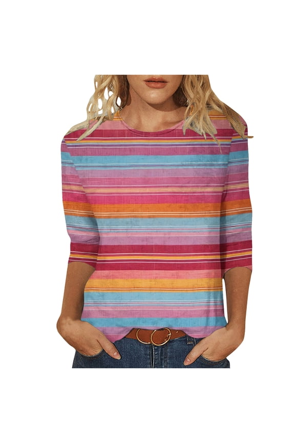 Women Blouses Long Sleeve Round Neck Relaxed Fit Top Featuring Layered Texture Horizontal Design, Soft Comfortable Fabric for Casual Everyday Wear and Leisure