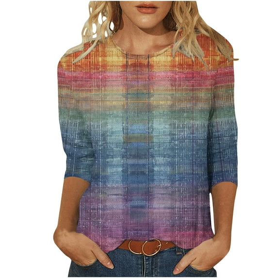 Uaswgudfs Women Blouses Long Sleeve Round Neck Relaxed Fit Top Featuring Layered Texture Horizontal Design, Soft Comfortable Fabric for Casual Everyday Wear and Leisure