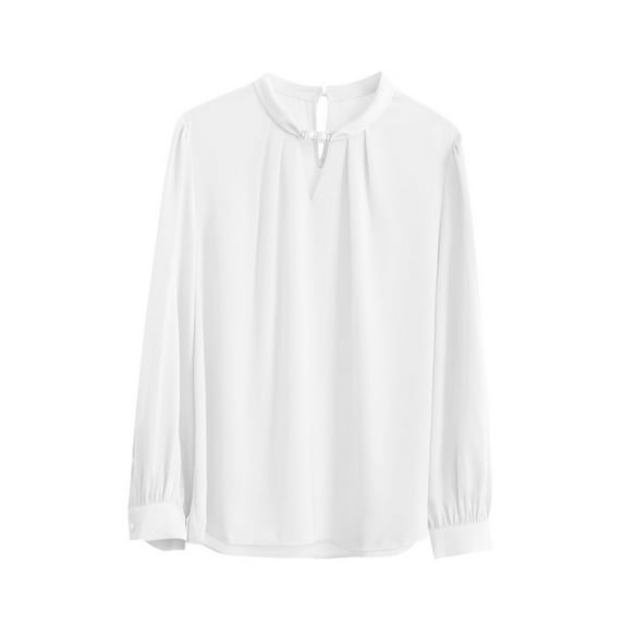 Uaswgudfs Women Blouses Mock Neck Pleated Solid Long Sleeve Office Shirt Top for Business Attire and Formal Wear White S