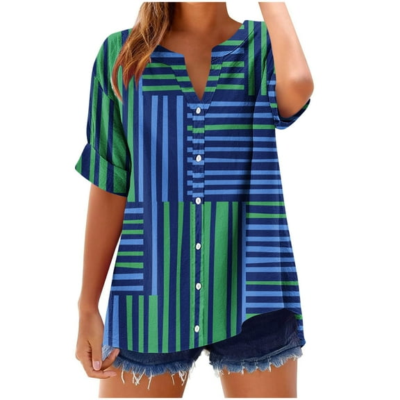 Uaswgudfs Women Blouses Plus Size Summer Tops Casual Short Sleeve Trendy Asymmetric Patchwork V-Neck Button-Down Blouse for Relaxed Summer Days