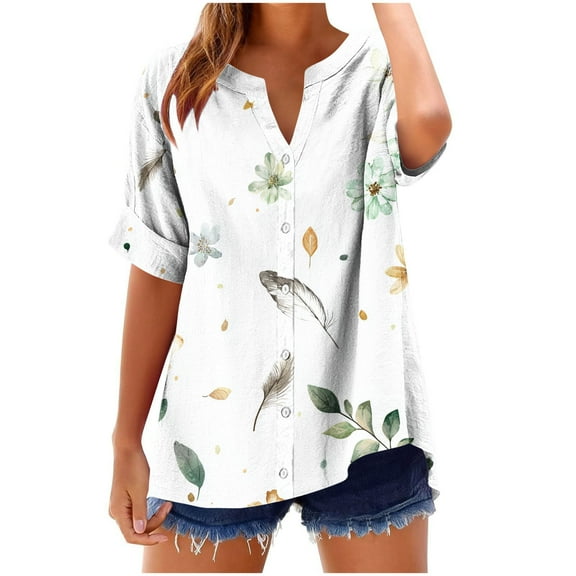 Uaswgudfs Women Blouses Plus Size Summer Tops Casual Short Sleeve Trendy Asymmetric Patchwork V-Neck Button-Down Blouse for Relaxed Summer Days