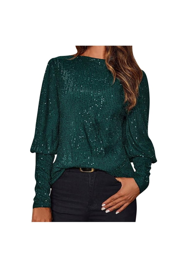 Women Blouses Sparkly Sequin Tunic Top with Cold Shoulder & 3/4 Batwing Sleeve for Party Dressy Glitter Loose Fit Green 2XL