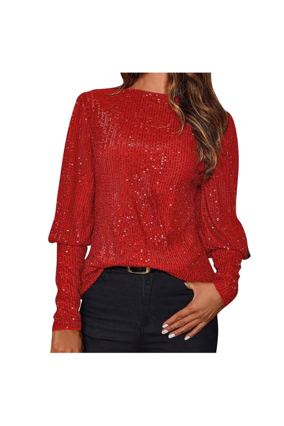 Women Blouses Sparkly Sequin Tunic Top with Cold Shoulder & 3/4 Batwing Sleeve for Party Dressy Glitter Loose Fit Red L