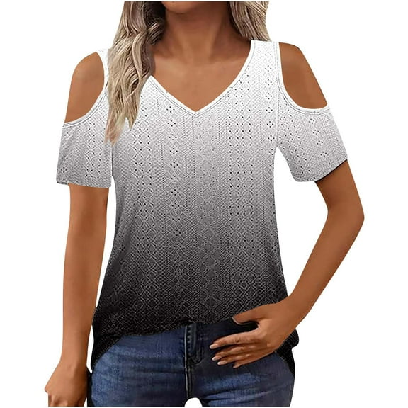 Uaswgudfs ​Women Blouses Summer Tops:Off-Shoulder V-Neck Trendy Blouse with Perforated Detail & Lightweight Casual Fabric