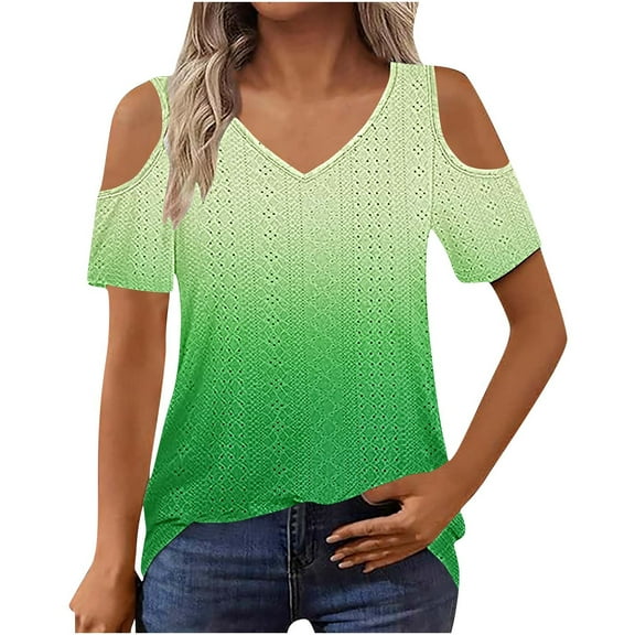 Uaswgudfs ​Women Blouses Summer Tops:Off-Shoulder V-Neck Trendy Blouse with Perforated Detail & Lightweight Casual Fabric