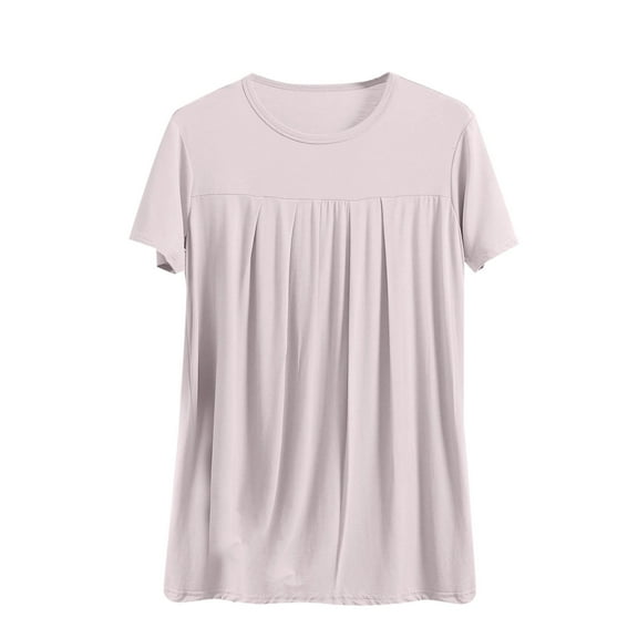Uaswgudfs ​Women Blouses Summer Tops: Round Neck Gathered Casual Top with Breathable Fabric & Relaxed Fit Short Sleeve