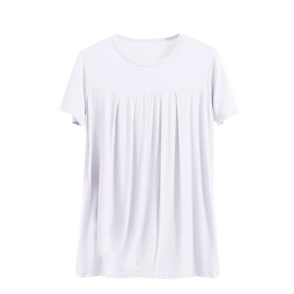 Uaswgudfs Women Blouses Summer Tops: Round Neck Gathered Casual Top with Breathable Fabric & Relaxed Fit Short Sleeve