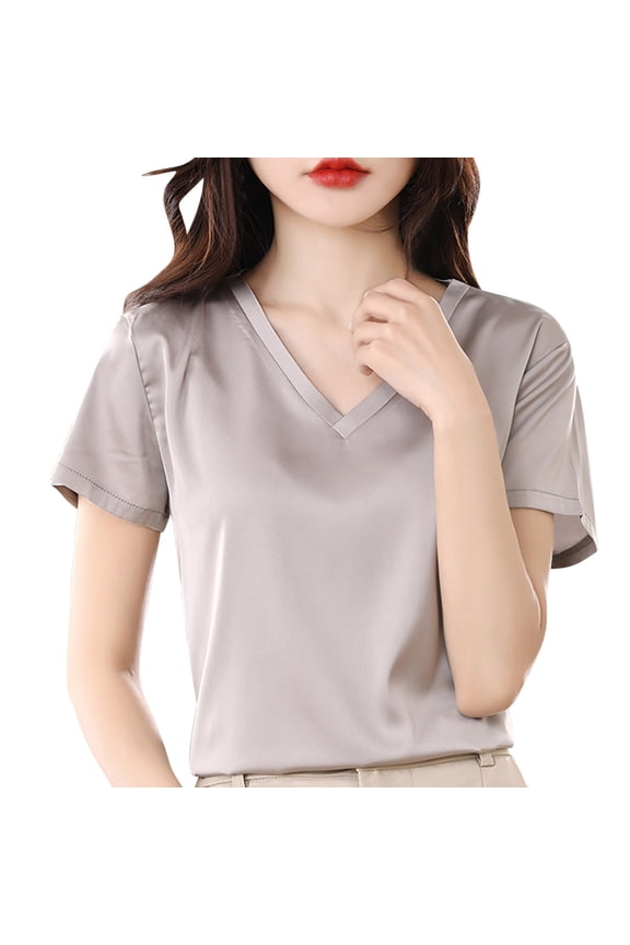 ​Women Blouses Summer Tops: Sleek V-Neck Short Sleeve Minimalist Design with Lightweight Fabric for Trendy Sophistication