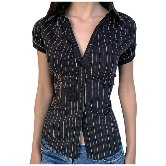 Uaswgudfs Women Blouses Summer Tops: Slim Fit Short Sleeve Office Casual Blouse with Pinstripe Detail & Lightweight Fabric
