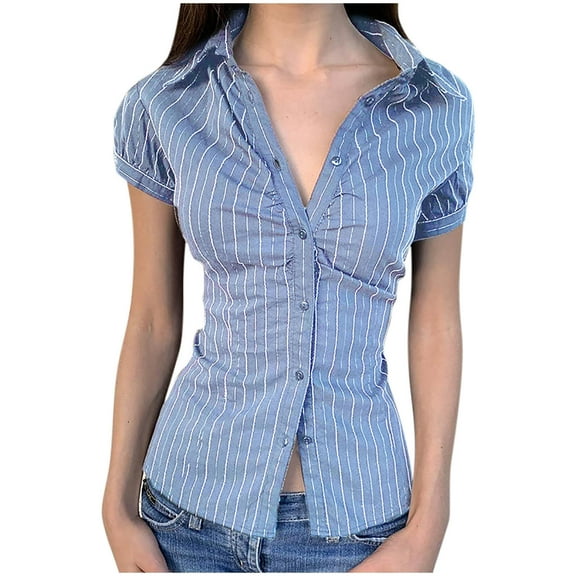Uaswgudfs Women Blouses Summer Tops: Slim Fit Short Sleeve Office Casual Blouse with Pinstripe Detail & Lightweight Fabric