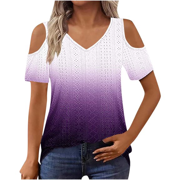 Uaswgudfs Women Blouses Summer Tops: Trendy Off-Shoulder Short Sleeve with Structured Panels & Breathable Perforated Casual Fabric