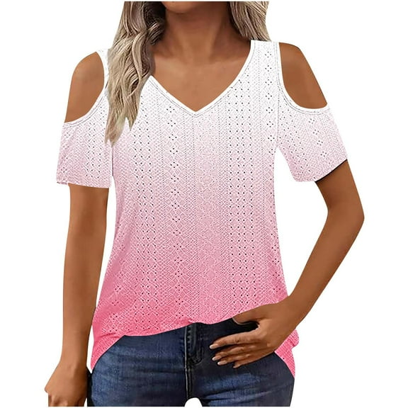 Uaswgudfs Women Blouses Summer Tops: Trendy Off-Shoulder Short Sleeve with Structured Panels & Breathable Perforated Casual Fabric