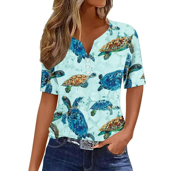 Uaswgudfs ​Women Blouses Summer Tops: V-Neck Casual Short Sleeve with Turtle Motif & Trendy Decorative Button Placket