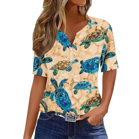 Uaswgudfs Women Blouses Summer Tops: V-Neck Casual Short Sleeve with Turtle Motif & Trendy Decorative Button Placket